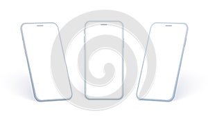 Mobile phone side view set. White smartphone collection in different angles and in perspertive point. Abstract device