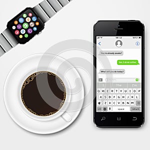 Mobile phone, smart watch and coffee cup