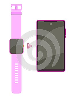 Mobile phone and Smart watch mock up. Connect, syncing via the app. Cute color purple and pink, female style technology
