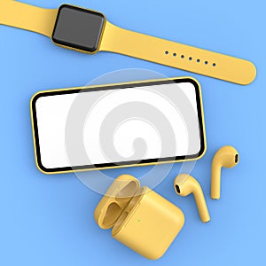 Mobile phone with smart watches and wireless headphones on blue background.