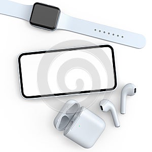 Mobile phone with smart watches and wireless headphones on white background.