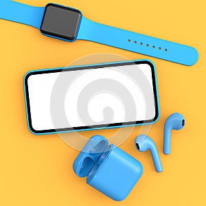 Mobile phone with smart watches and wireless headphones on yellow background.