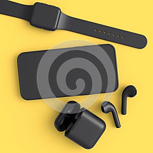 Mobile phone with smart watches and wireless headphones on yellow background.