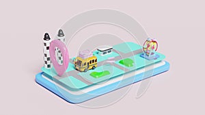 mobile phone, smartphone 3d with bus, luggage, map, building icon, location pin, GPS navigator, ferris wheel isolated on pink
