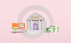 Mobile phone,smartphone with banknote,check mark,credit card,bank or tax office building isolated on pink background.withdrawal