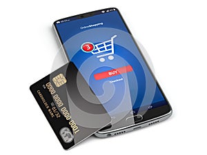 Mobile phone or smartphone with credit card. E-commerce, internet banking, nfc and buying online concept