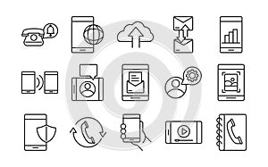 Mobile phone or smartphone electronic technology device line style icons set