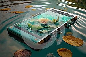 A mobile phone smartphone floats on the surface of the water in a pond with lilies. Texture photography waterproof phone