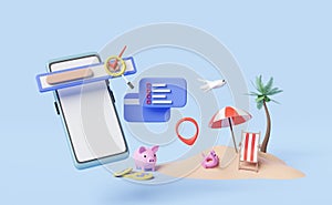 Mobile phone or smartphone with palms,beach chair,piggy bank,pin isolated on blue background. save money for summer travel
