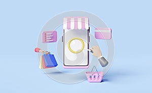 Mobile phone or smartphone with store front,businessman hand holding magnifying glass, paper bags,shopping basket,on pink,online