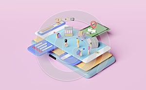Mobile phone or smartphone with store front,walking fingers,search magnifying,shopping cart,goods box on pink background ,