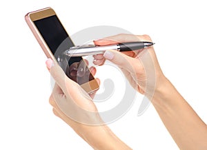 Mobile phone smartphone stylus pen in hand