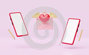 Mobile phone,smartphone with wings,flying envelope isolated on pink background.notify newsletter,online incoming email,health love