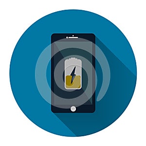 mobile phone.Smartphone with yellow charging battery icon on screen with long shadow black,Simple design style.vector illustration