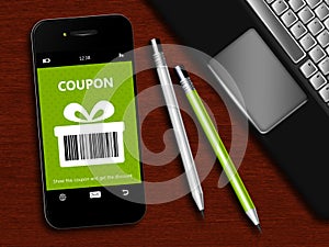 Mobile phone with spring discount coupon, laptop and office tool