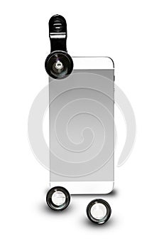 Mobile Phone Standing Vertically with Clip on Photo Camera Lens