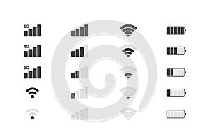 Mobile phone system icons. Wifi signal strength, battery charge level. Vector illustration.