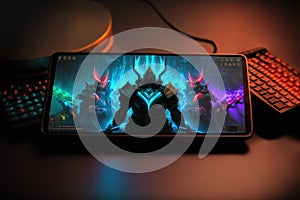 Mobile phone on table in a neon-lit shows MOBA game app. Generative AI