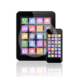 Mobile phone and tablet PC with apps icons