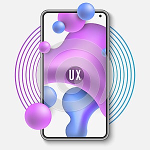 Mobile phone template. Mockup of a mobile application with liquid design. Abstract fluid shapes. UI and UX interface. Vector