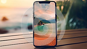 Mobile phone with tropical beach on screen. Travel and vacation concept