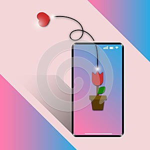 Mobile phone with tulip flower send heart to lover on valentine day gift card. E-letter card technology for couple