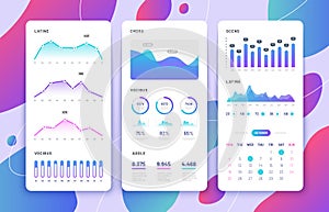 Mobile phone ui. Control panel with statistics charts, diagrams calendar. Market annual graphs. Phone app vector