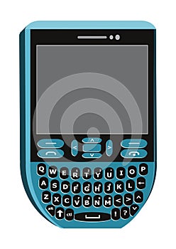 Mobile phone, vector clip art. blue cellphone having a qwerty keypad. mobile icon, isolated on white background