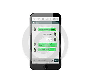 Mobile phone. Vector illustration. Social network concept. Vector. Messenger window. Chating and messaging concept. Green chat box