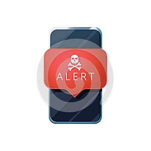 Mobile phone virus alert. Malware smartphone scam phishing security error skull message. Malware notification