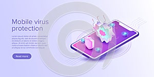 Mobile phone virus protection concept in flat vector illustration. Online security app or smartphone antivirus program. Internet