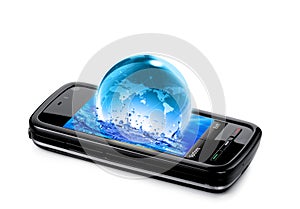 Mobile phone with water and planet earth splashing