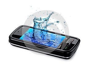 Mobile phone with water splashing out of the monit