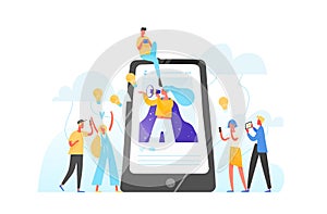 Mobile phone, woman with megaphone on screen and young people surrounding her. Influencer marketing, social media or photo