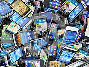 Mobile phones background. Pile of different modern smartphones.