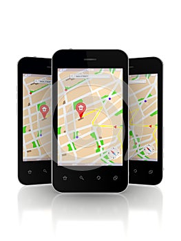 Mobile phones with GPS navigator on screen.