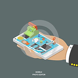 Mobile photo editor flat isometric vector concept.