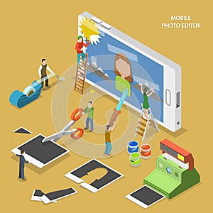 Mobile photo editor flat isometric vector concept.