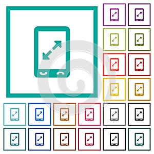 Mobile pinch open gesture flat color icons with quadrant frames