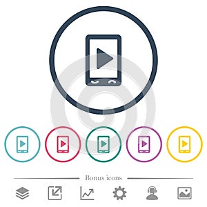 Mobile play media flat color icons in round outlines