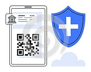 Mobile QR Code, Digital Shield, and Cloud Icon for Online Security and Financial Authentication
