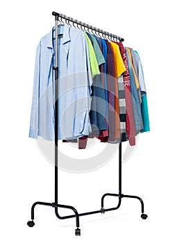 Mobile rack with casual clothes isolated on white background. File contains a path to isolation