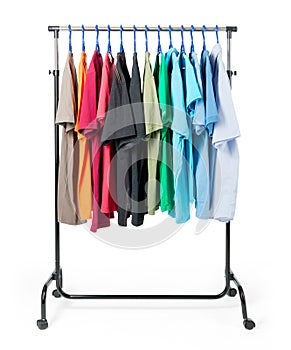 Mobile rack with clothes on white background.