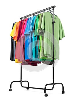 Mobile rack with color clothes isolated on white background. File contains a path to isolation.