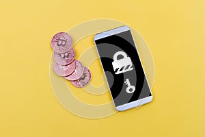 Mobile with ransomware and bitcoin payment to illustrate online security