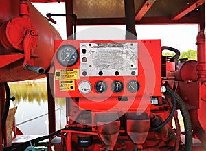 Mobile red generator pump for fire fighting and fire alarm control system have manual valves and pressure gauge operate on outdoor