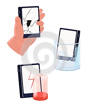 Mobile repair and service concept. Set with Smartphone cracked screen, broken battery and water damage. Isometric vector