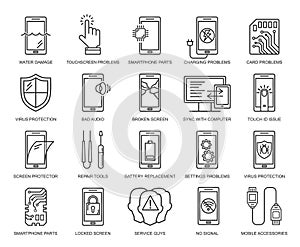 Mobile repair service line style icons set. Phone fix pattern. Smartphone common issues, repair and accessories logos. Mobile serv