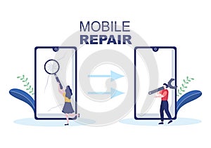 Mobile Repair of a Telephone or Smartphone Electronics Service with Broken Screen and Machine Breakdown in Illustration