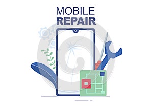 Mobile Repair of a Telephone or Smartphone Electronics Service with Broken Screen and Machine Breakdown in Illustration